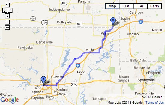 Route 66 Map - Baxter Springs, KS to Tulsa, OK