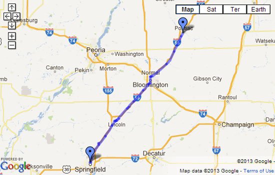 Route 66 Map - Pontiac, IL to Springfield, IL