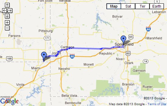 Route 66 Map - Springfield, MO to Baxter Springs, KS