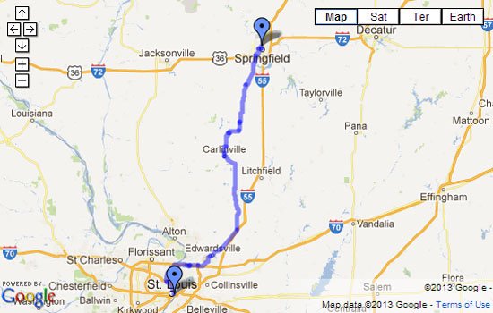 Route 66 Map - Springfield, IL to St Louis, MO