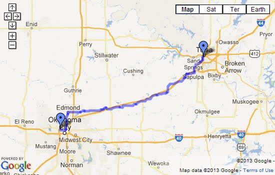 Route 66 Map - Tulsa, OK to Oklahoma City, OK